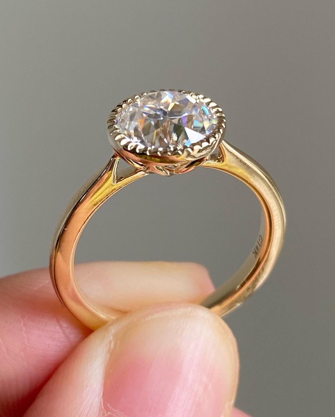 Round Old European Cut OEC Tulip Lotus Prong Bezel Cathedral Set Moissanite Solitaire Engagement Ring, flower basket  Promise\proposal Ring.