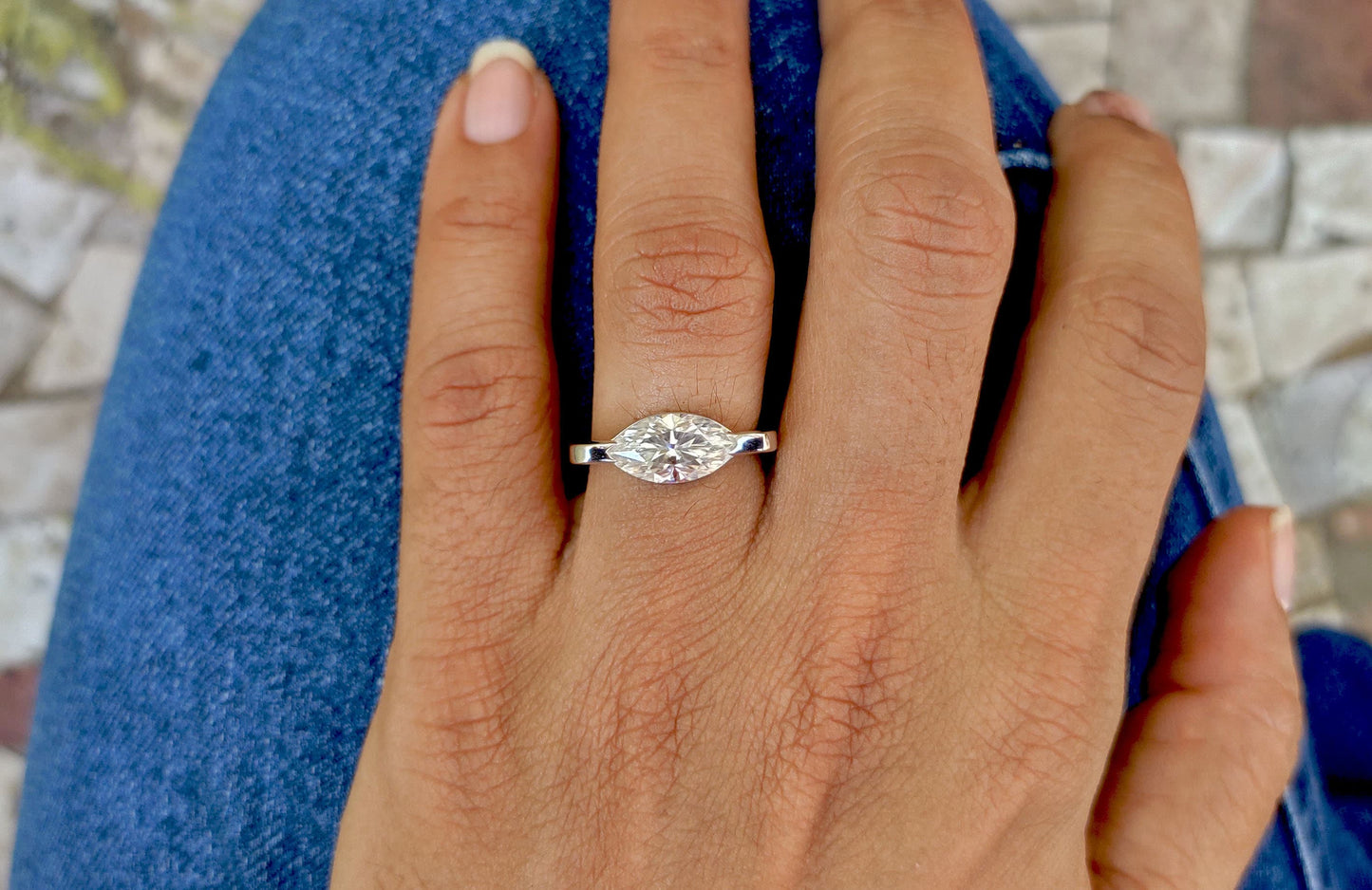 East West Set Marquise Moissanite Solitaire Ring with square Shank Engagement ring, Proposal\Mother\Anniversary Ring, Gift for her