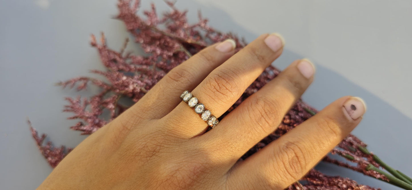 Bezel set Oval Cut Moissanite Wedding band in blackened gold, Full\Half Eternity Ring, Stackable Ring in 18k\14k\10k White\Yellow\Rose Gold