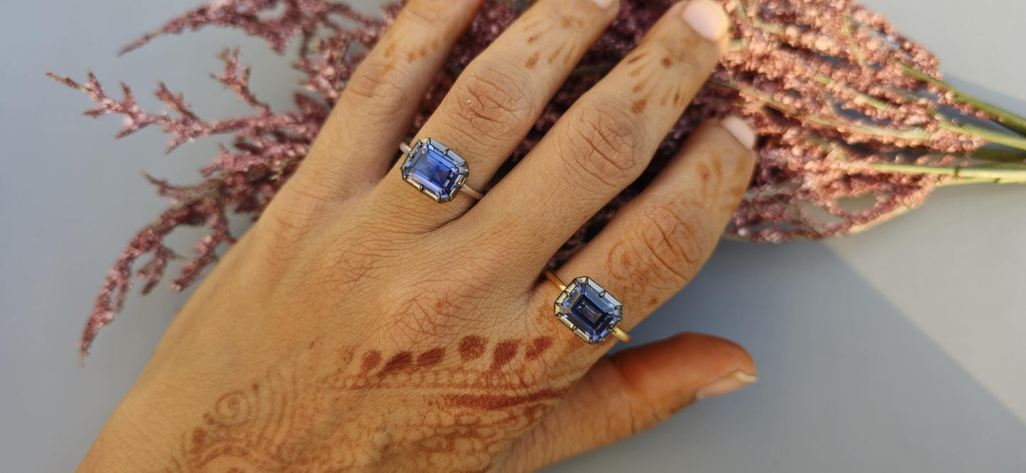 East West  set Corn flower Blue sapphire emerald Cut Georgian cut down button back solitaire engagement ring, ring for her, ring for women
