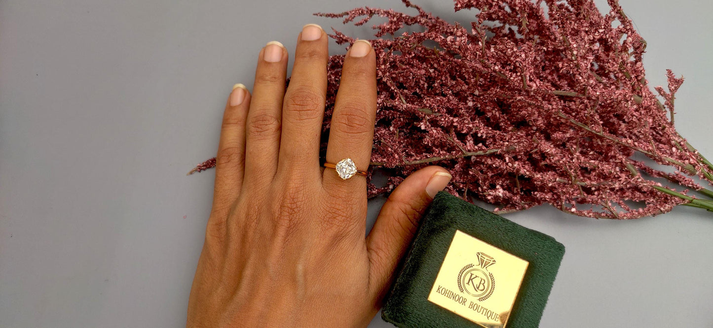 Old Mine Cut OMC Kite set Cushion Moissanite Solitaire Engagement Ring, Ring for her, Vintage ring for women, right hand ring