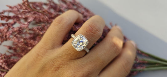 Elongated Old Mine Cushion Cut Bezel set Moissanite Engagement Ring, Tulip Flower basket Vintage Ring