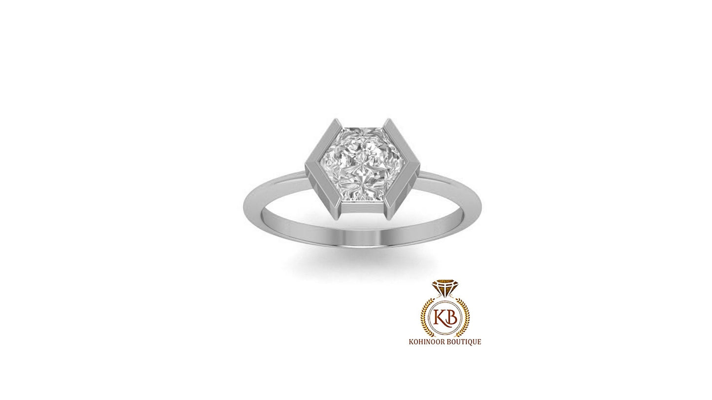 Hexagon shaped Half Bezel set Solitaire Knife edge Moissanite Engagement ring, Promise ring, Proposal ring, Ring gift for wife.