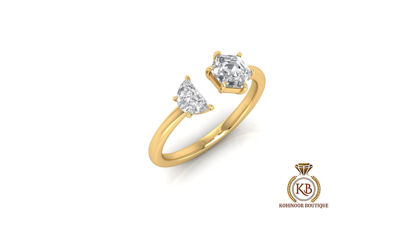 Half moon & Hexagon Moissanite Toi Et Moi two stone Engagement ring, promise proposal ring, mother child ring, gift for wife mother women