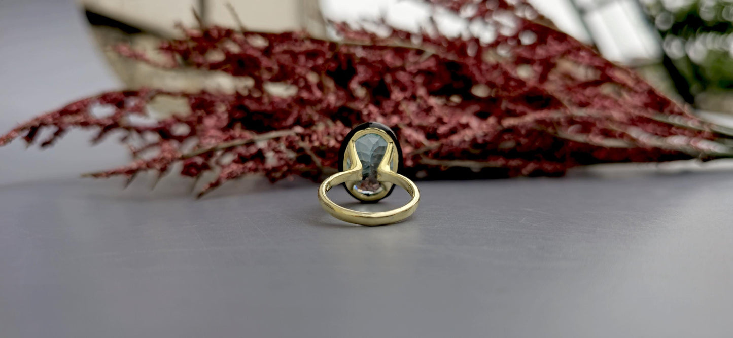 Natural Aquamarine ring with black enamel, Ring for her, party wear ring, statement ring, right hand ring, gift for mother, ring for her
