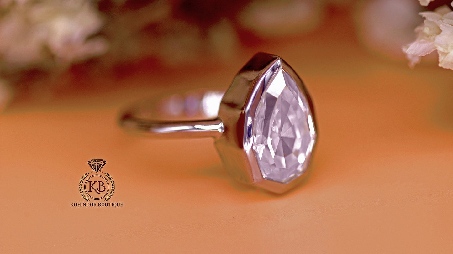 Step Cut Pear Moissanite Bezel Set Solitaire Engagement ring, art deco ring, ring for her, gift for women