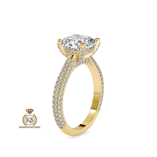 Cathedral Set Cushion Cut Moissanite with Pave Basket ,Under Halo and 3 side pave band Engagement ring, ring for women,High profile set ring