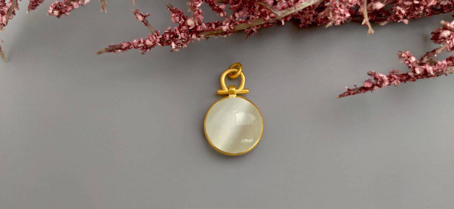 Round White Cat eye Moonstone Cabochon Matt finished, personalized with name at back Pendant ,Wedding Pendant, without chain