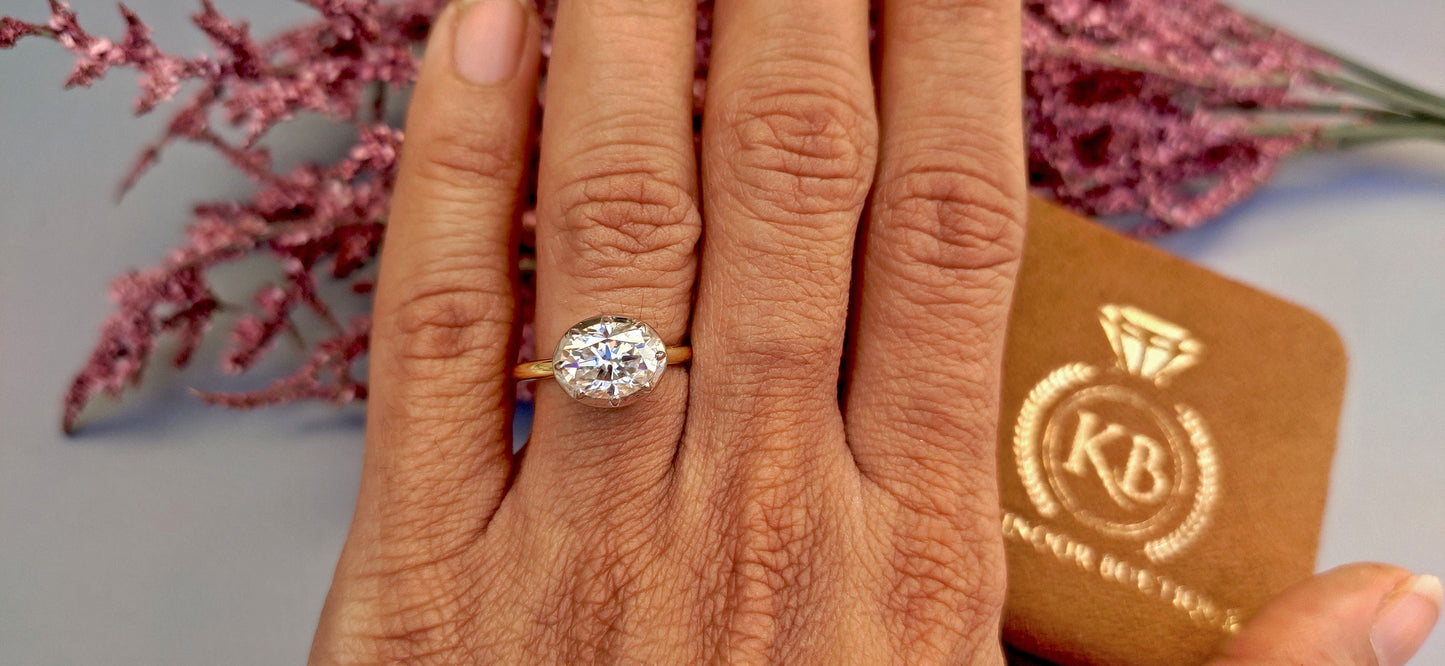 East west set Oval Moissanite Button Back Georgian Cut Down Set Solitaire Engagement ring, ring for women, Ring for her.