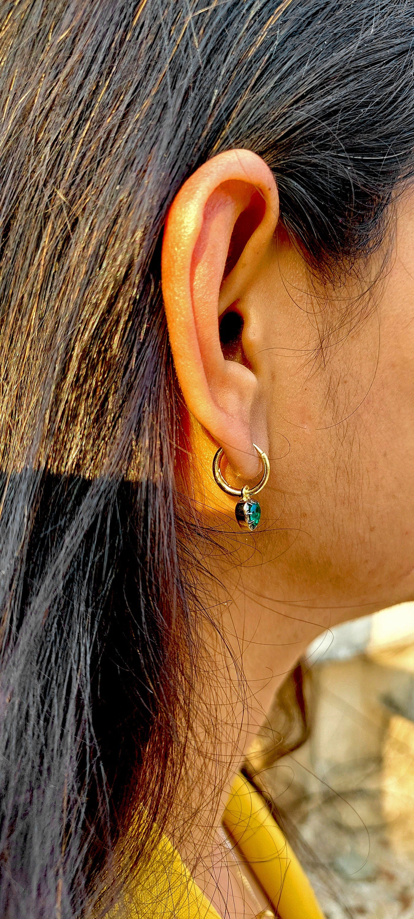 Heart Shaped Emerald button back Georgian cut down Gypset, Emerald Hoops, statement earring, blackened gold earrings.