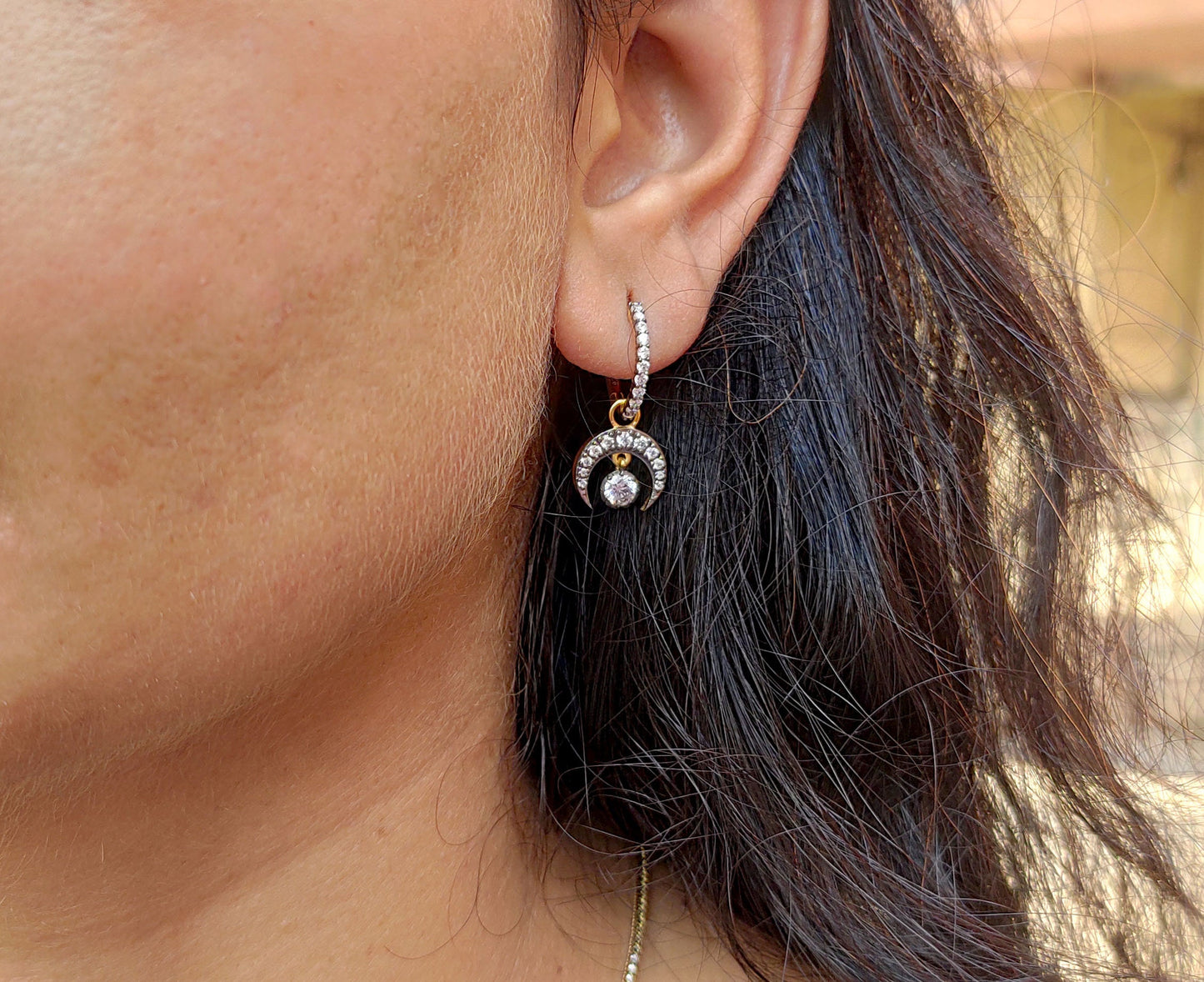 Half moon Moissanite button back Georgian cut down Huggie,2 in 1  statement earring, blackened gold earrings.