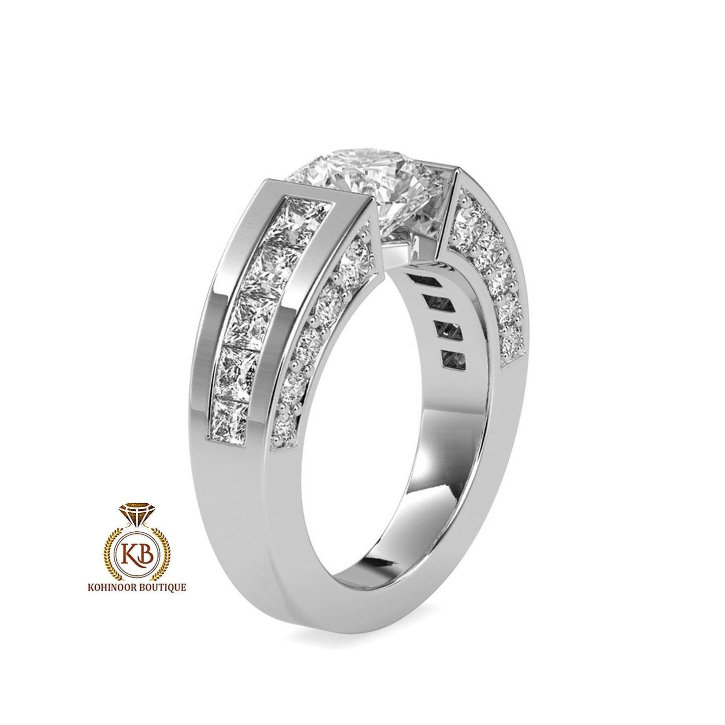Round Cut Moissanite with princess cut side pave Engagement Ring, Proposal\Anniversary\Wedding Ring for Men\Women\Unisex Band
