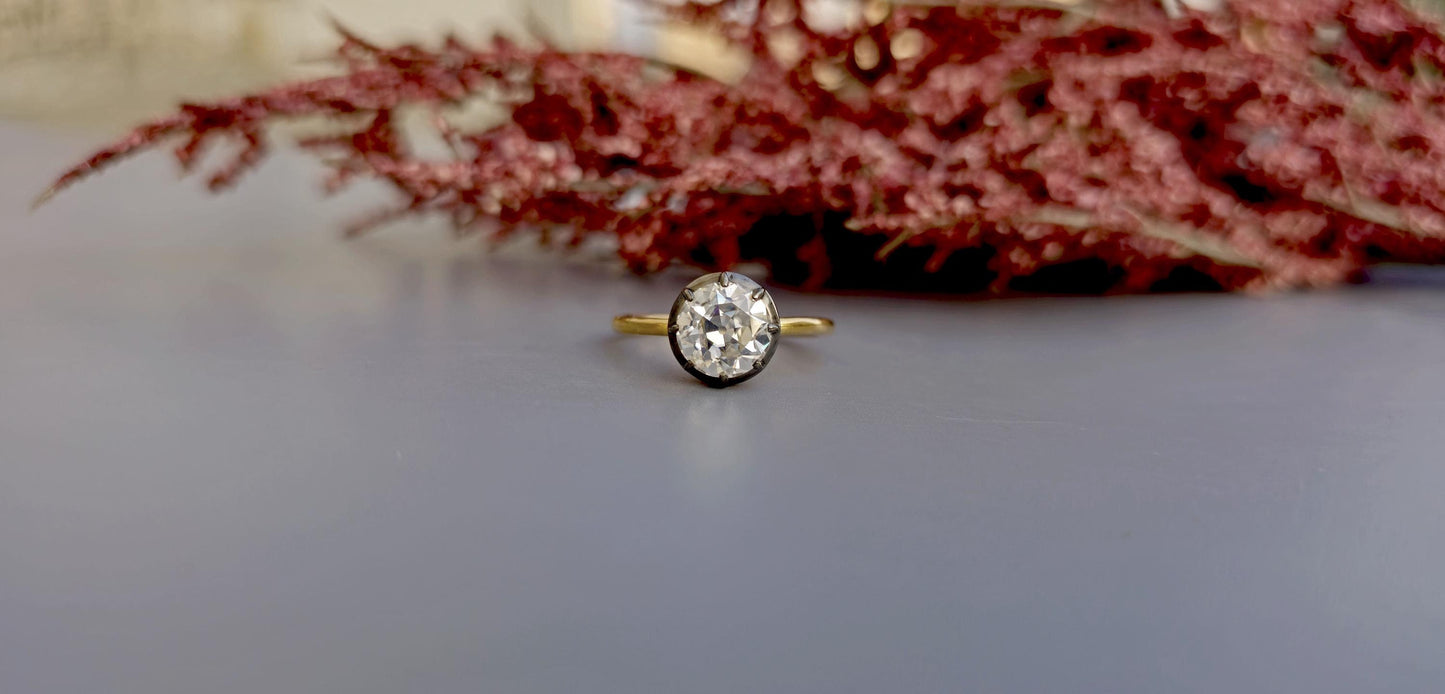 Old European Cut OEC Round Button Back Georgian Cut Down Set blackened gold Moissanite Solitaire Engagement ring