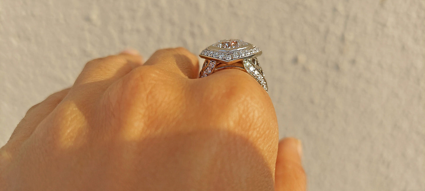 Kite set Cushion Cut Halo Moissanite ring with\without matching band, with side pave lattice band, Cathedral set engagement ring