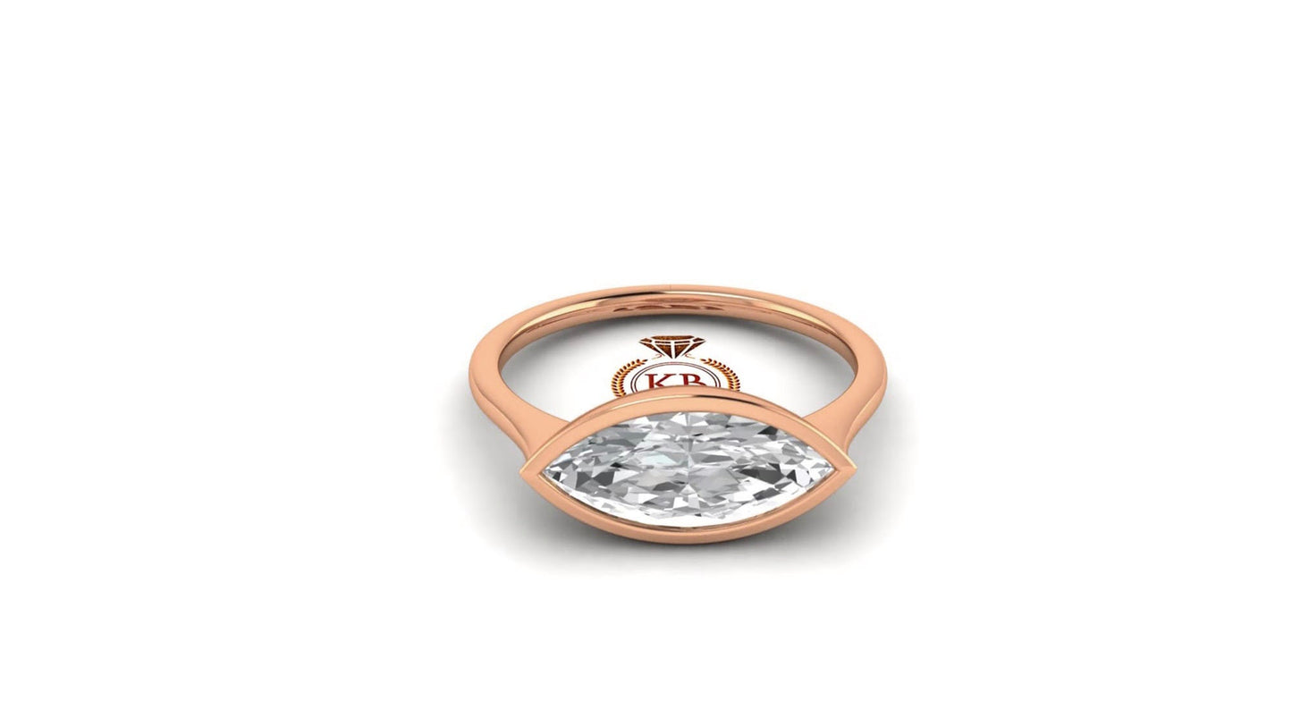 East West Bezel Set Marquise Moissanite Solitaire Engagement Ring, Georgian era Vintage ring, Low profile ring, statement art deco ring.