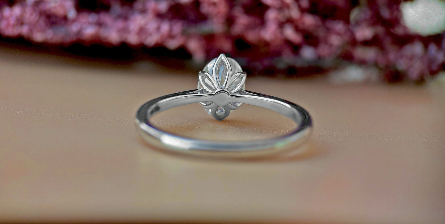 Tulip Lotus Prong Oval Moissanite Solitaire Engagement Ring, flower basket ring, petal prong ring, tulip prong ring, petit oval ring.