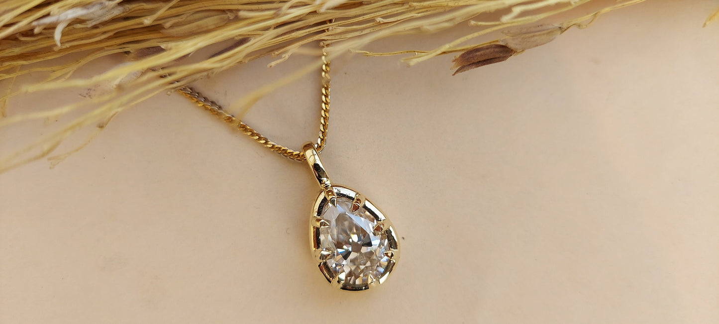 Old Mine Pear cut OMC, Antique Pear Georgian cut down set Solitaire Moissanite Pendant without chain, Pendant for women, gift for mother