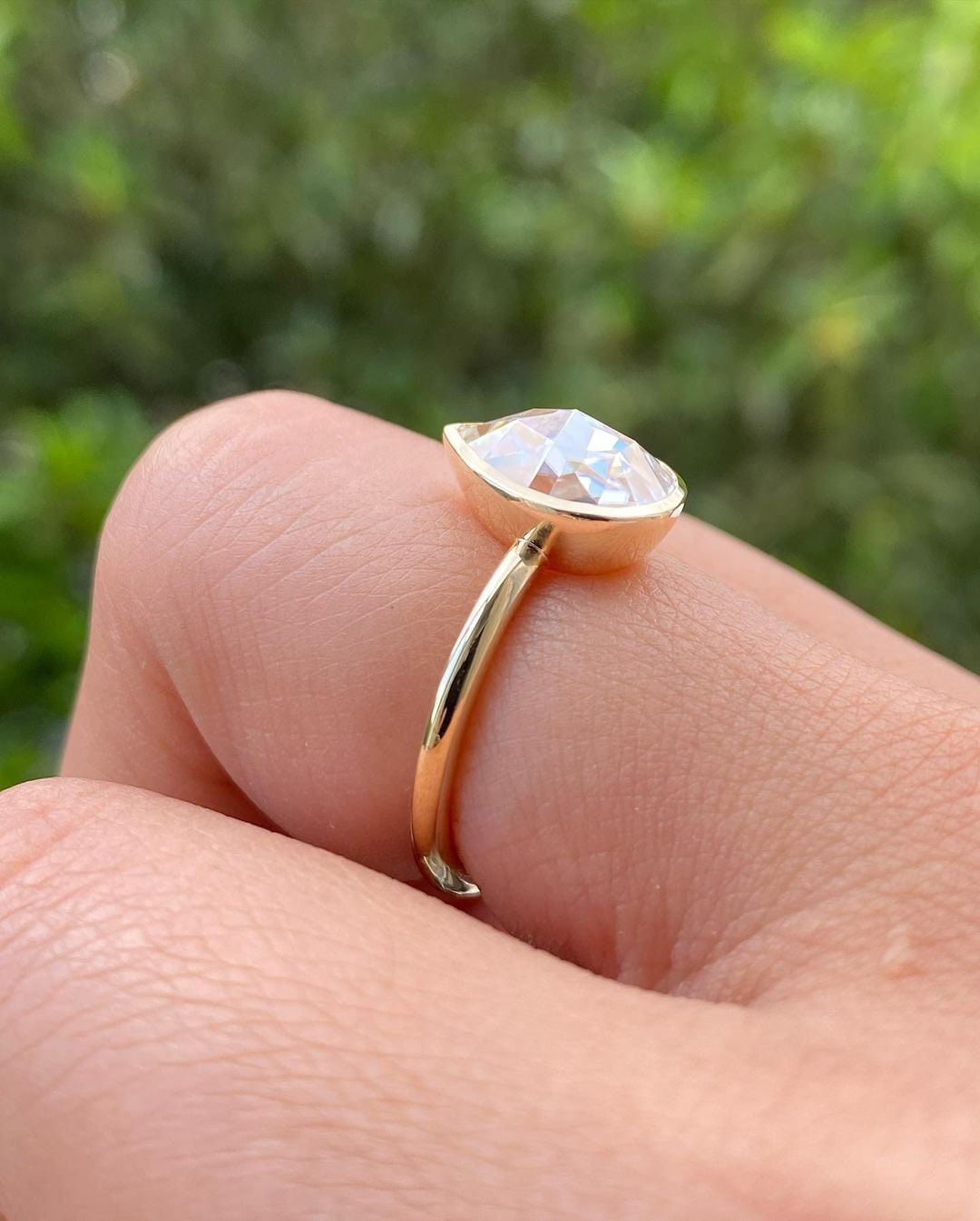 Bezel Set Rose Cut Pear Moissanite Solitaire Engagement ring, Low profile set ring, Gift Ring for her, Vintage cut ring, tear drop ring.