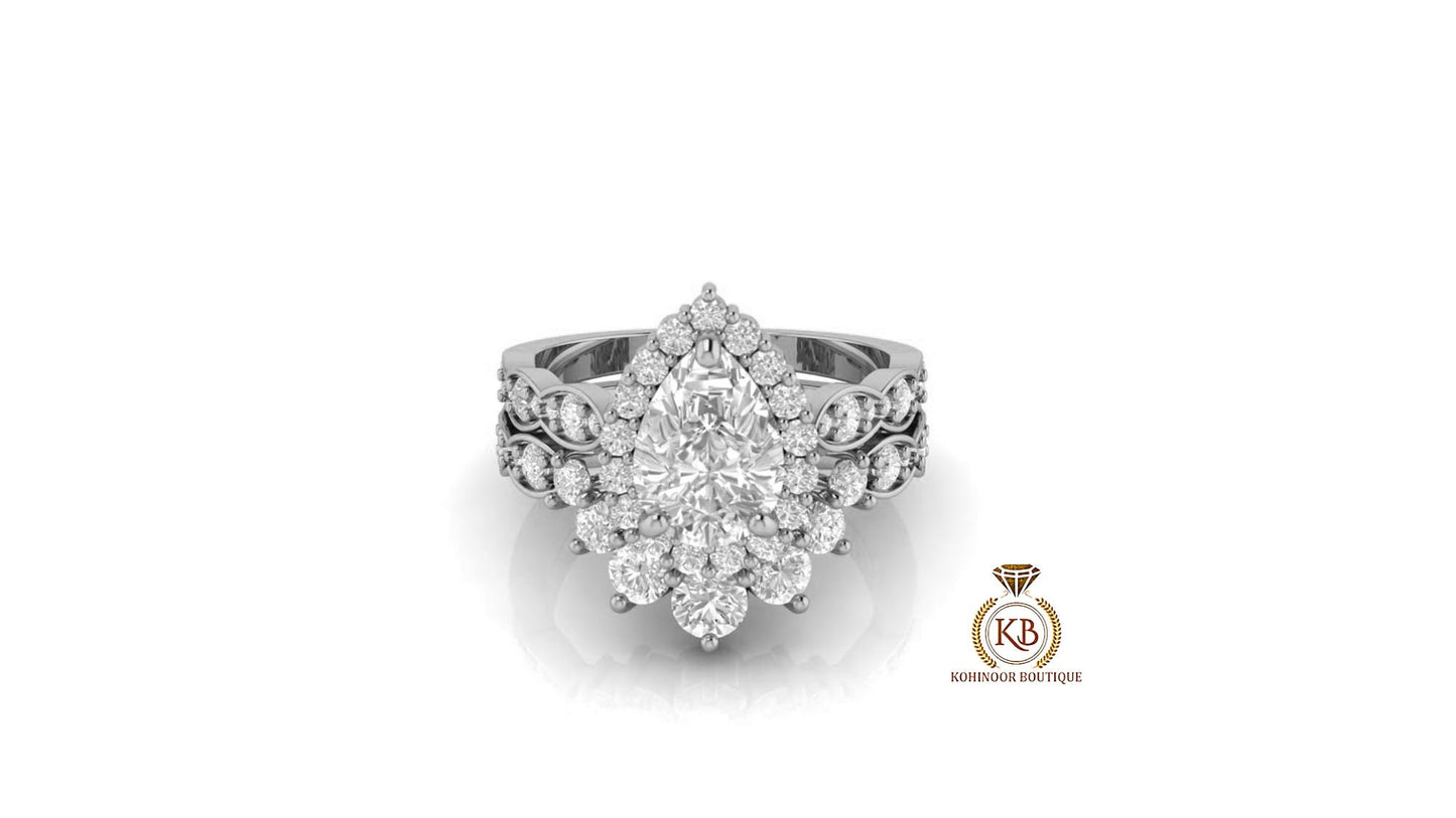 Pear Cut Halo Vintage Moissanite Engagement Ring, Wedding Bridal Set, Anniversary gift for wife, Ring for women