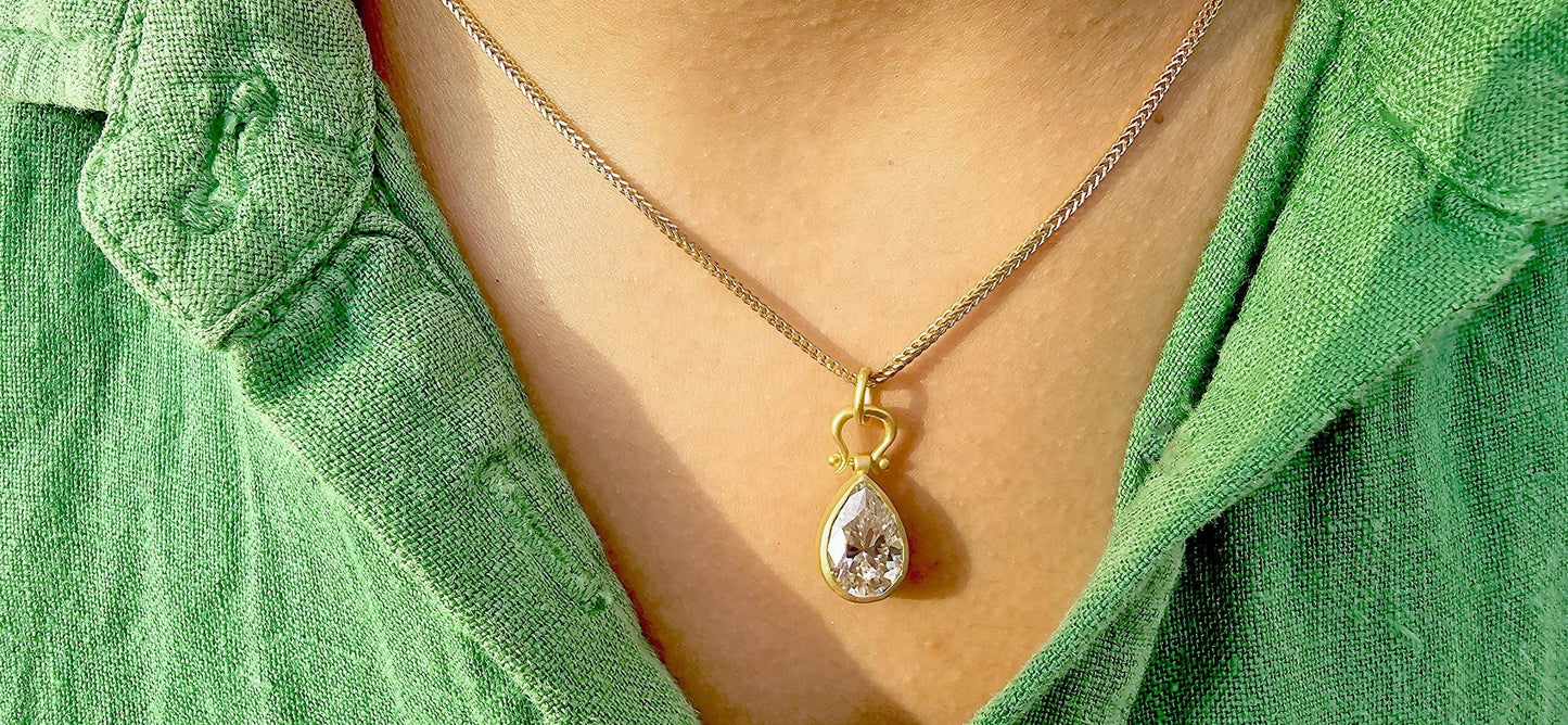 Bezel set moissanite Pear button back personalized pendant without chain in silver with matt gold polish, Pendant for women