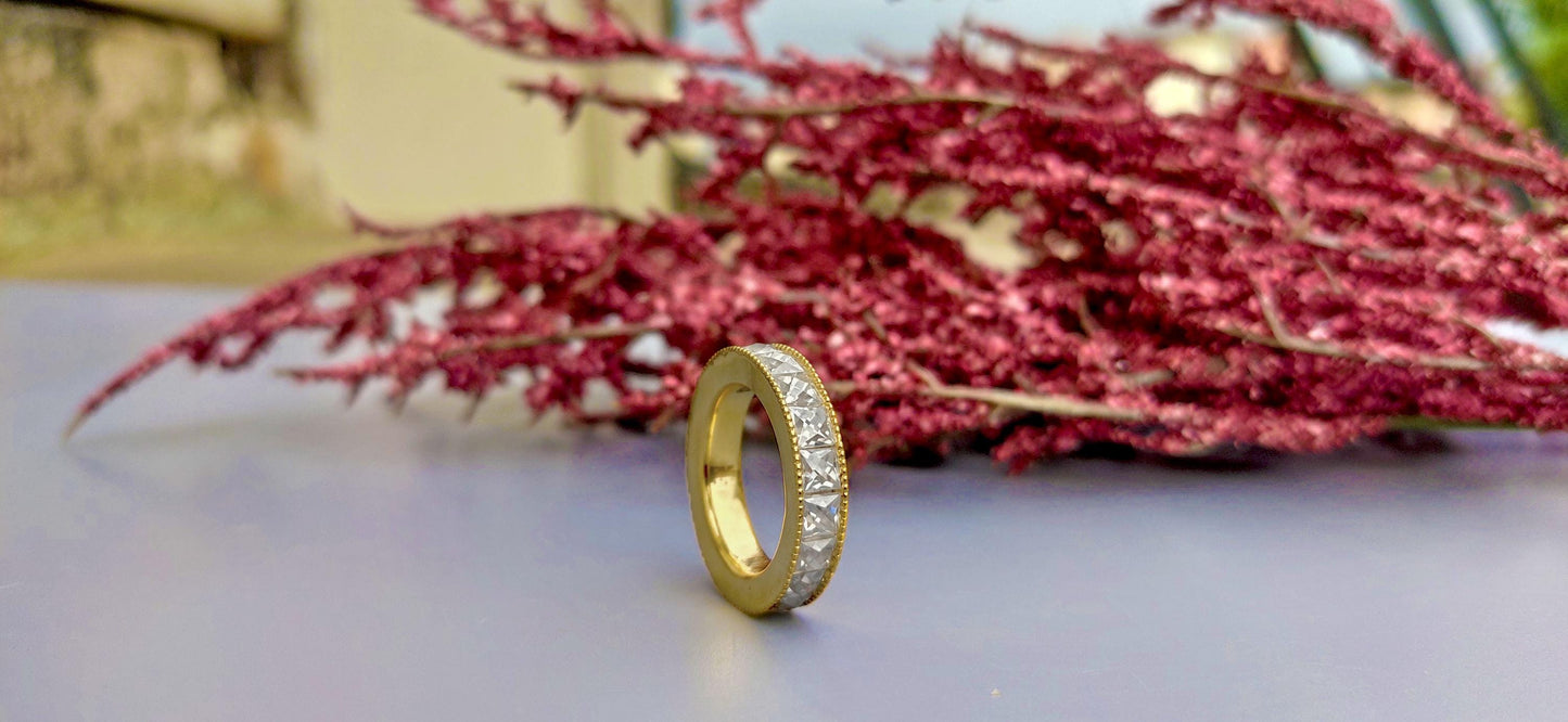 Vintage France\ French cut Moissanite Eternity ring,wedding band, stackable ring,Princess carre cut Half\Full eternity band,Anniversary gift