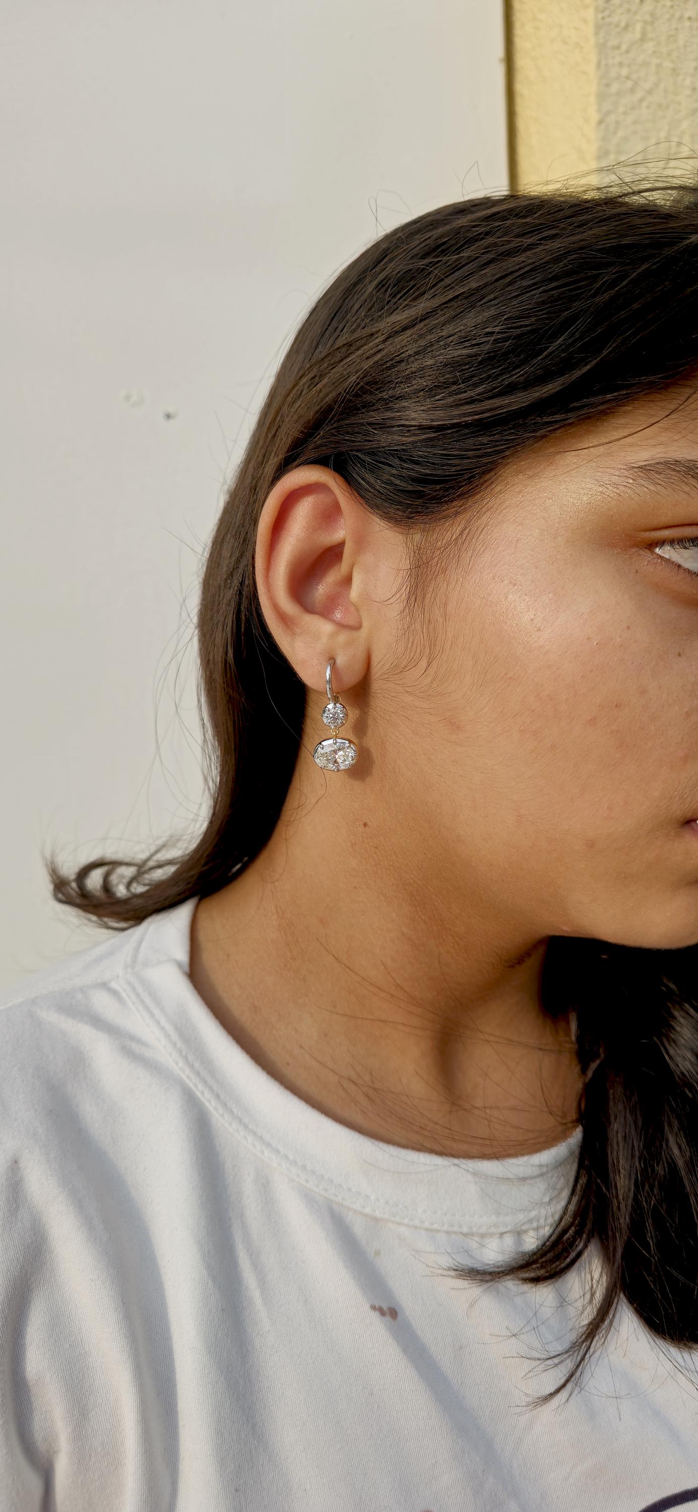 Georgian cut down multi shape lab grown diamond hoops dangle earrings, statement earring, 2 toned earrings, dangled earrings for women