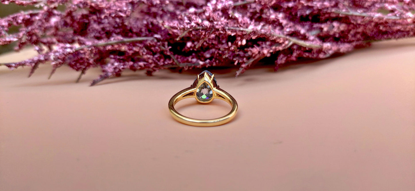 Old Mine Antique OMC Blue Pear Cut Moissanite Solitaire Engagement Ring, ring for her, gift for her Georgian era ring, Marie-Antoinette ring