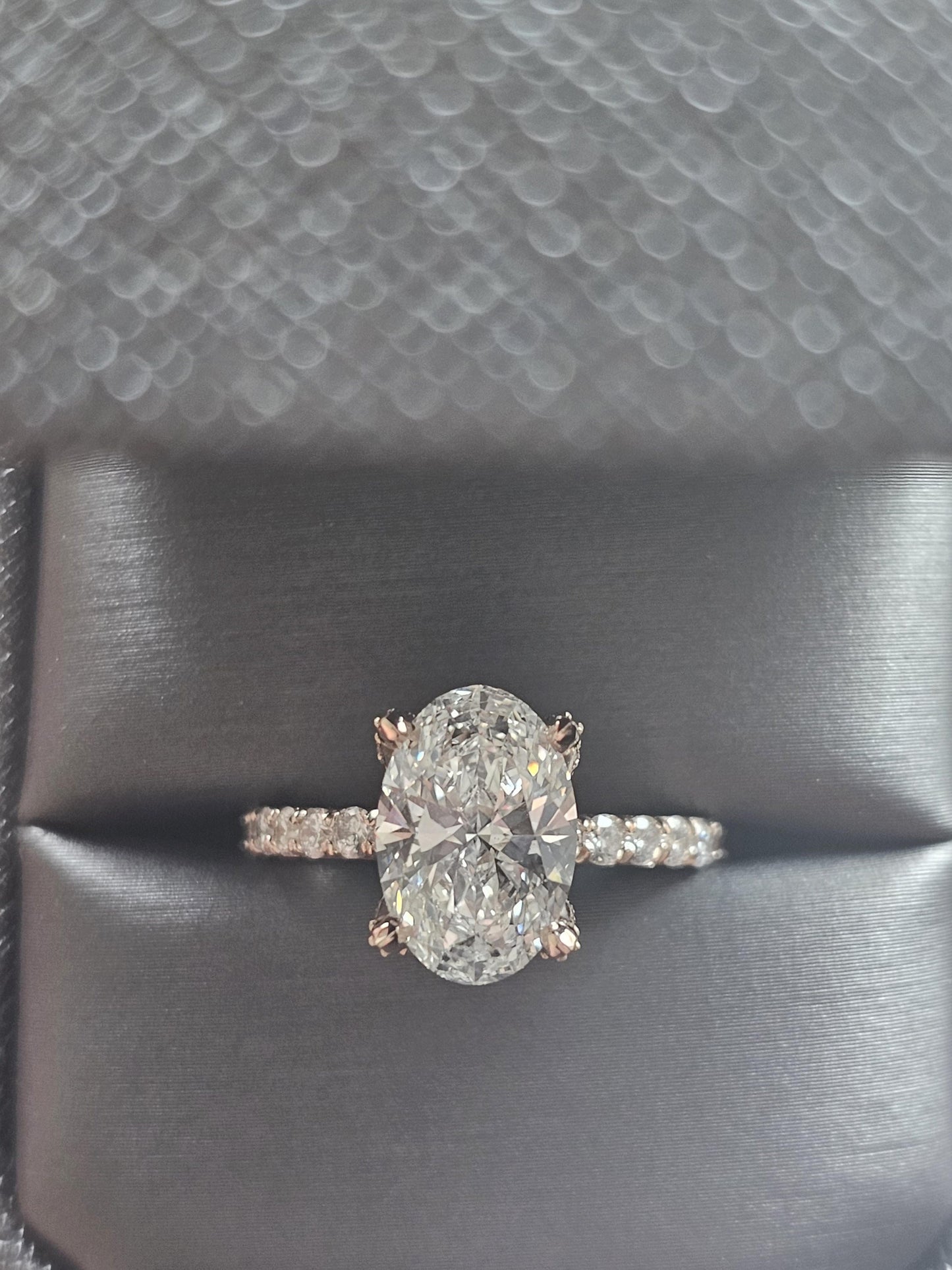 Tulip Lotus Prong Oval Moissanite Solitaire Engagement Ring with Pave basket and French set Pave band, petal prong ring, tulip prong ring.
