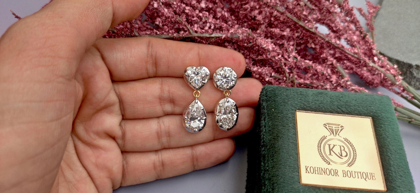 Georgian cut down multi shape lab grown diamond earrings, statement earring, 2 toned earrings, dangled earrings for women