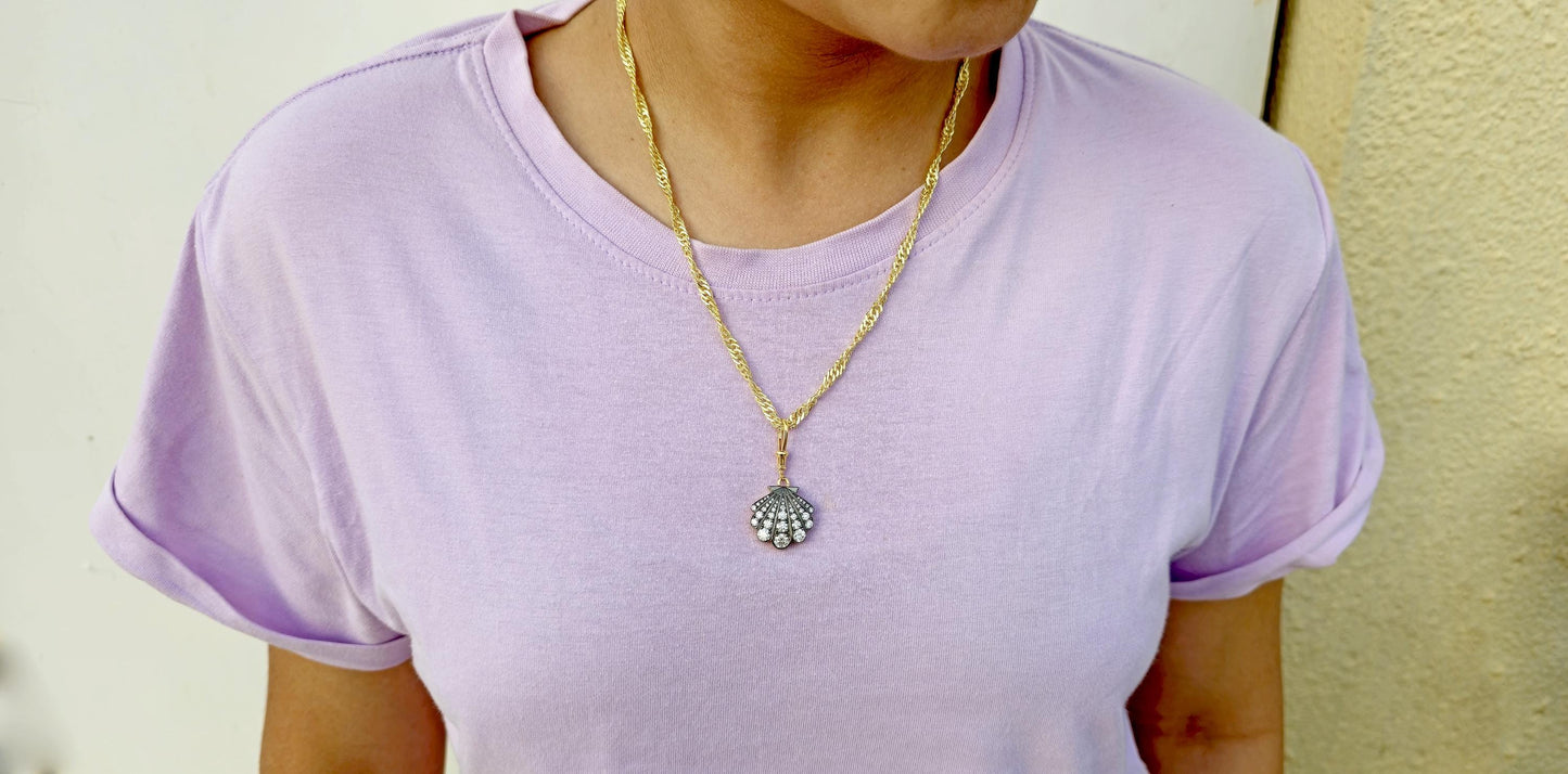 Sea shell charm Moissanite blackened gold Georgian Pendant with dog clip swivel clasp without chain, Circa Vintage Pendant.