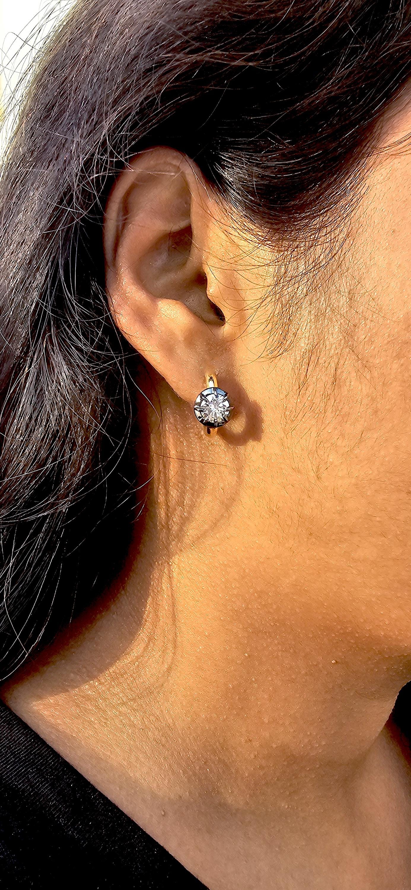 Georgian Victorian Style Lab Grown Diamond Hoops, Georgian cut down Button back blackened gold huggie, Wedding Earring.