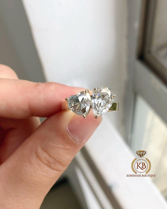 Toi et Moi Pear and Heart Moissanite two stone Engagement ring, Statement ring, Wedding\Engagement\Anniversary ring