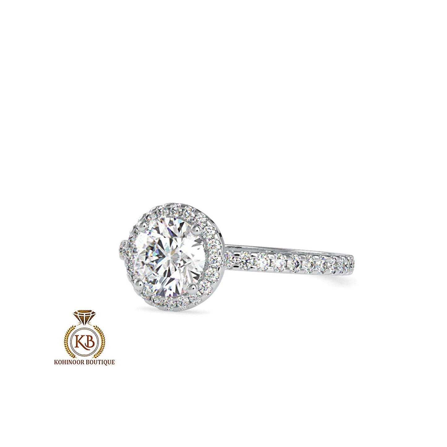 Round Cut Moissanite Double Halo with Under Halo, side U cut pave band with pave basket Engagement ring.