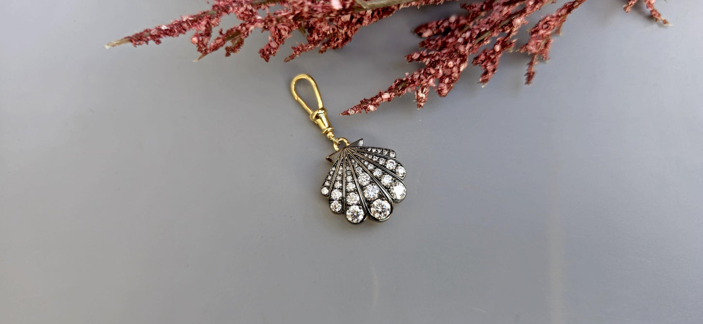 Sea shell charm Moissanite blackened gold Georgian Pendant with dog clip swivel clasp without chain, Circa Vintage Pendant.