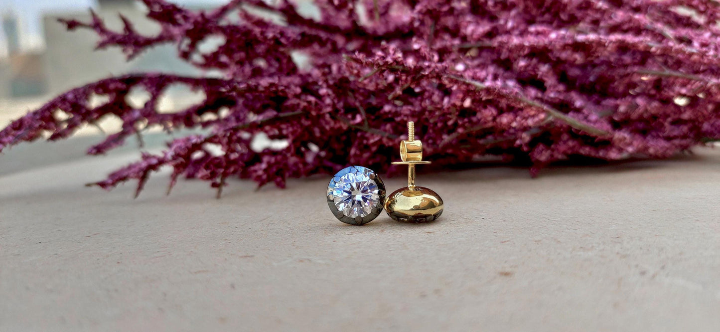 Round Moissanite button back Georgian cut down studs, statement earring, blackened gold earrings, studs earrings for women