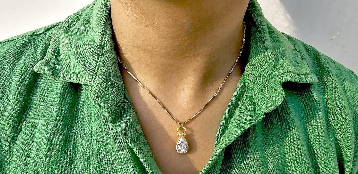 Bezel set moissanite Pear button back personalized pendant without chain in silver with matt gold polish, Pendant for women