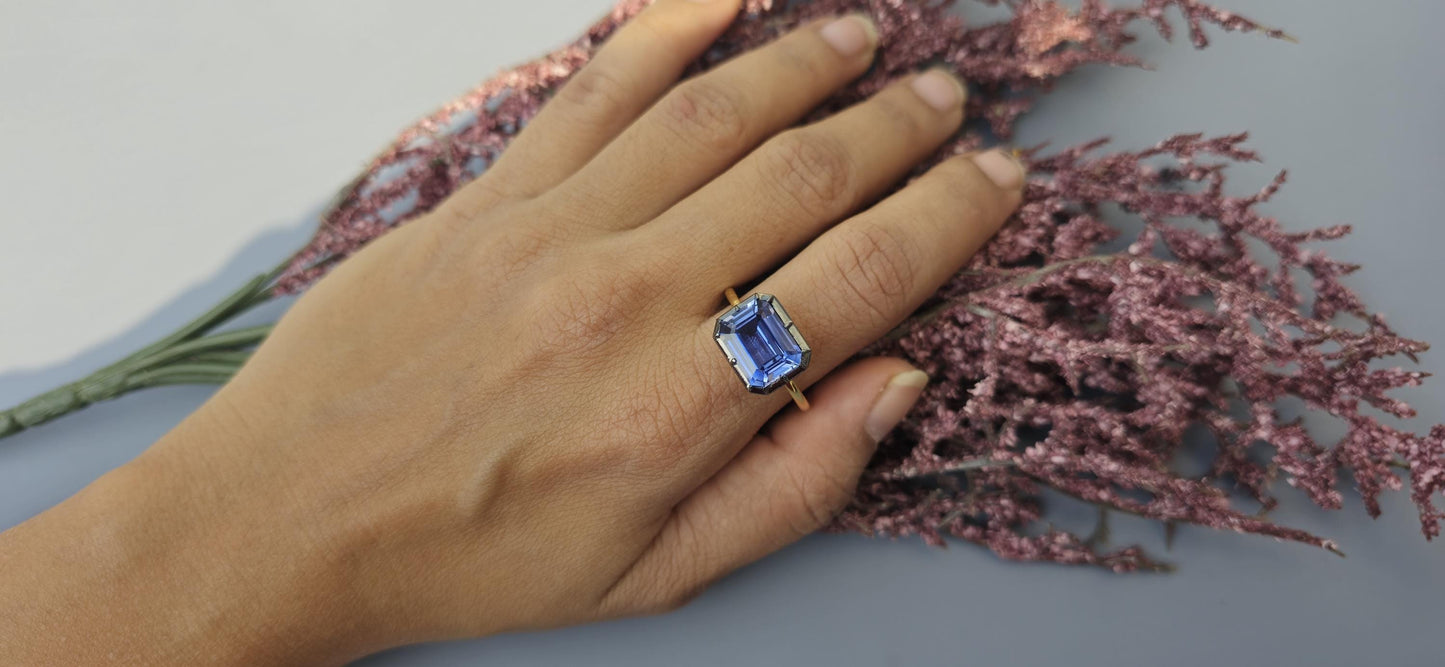 East West  set Corn flower Blue sapphire emerald Cut Georgian cut down button back solitaire engagement ring, ring for her, ring for women