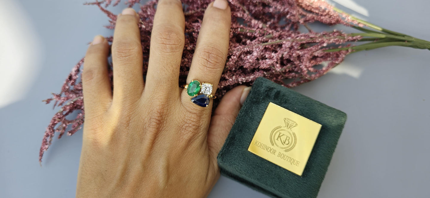 Natural Emerald Oval, Natural Sapphire Pear and Lab grown Cushion Diamond Trilogy 3 stone Engagement Ring, Ring for her, Gift for Her
