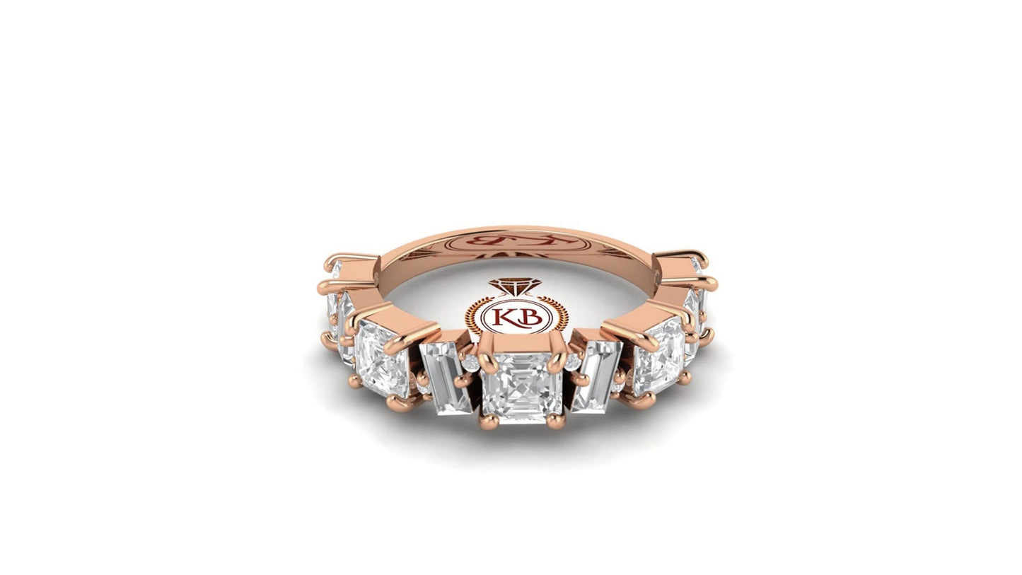 Asscher Baguette and Round Cut Multistone Moissanite Half\Full Eternity minimalist Bridal stackable wedding band in White\Yellow\Rose Gold