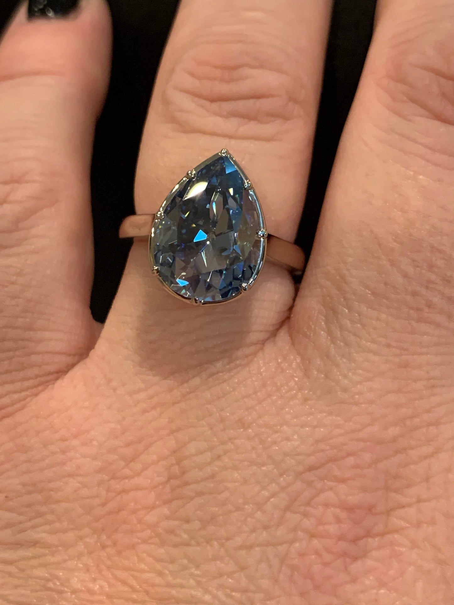 Old Mine Antique OMC Blue Pear Cut Georgian cut down Moissanite Engagement Ring, Tulip Basket ring, Tulip Petal ring, Floral basket ring