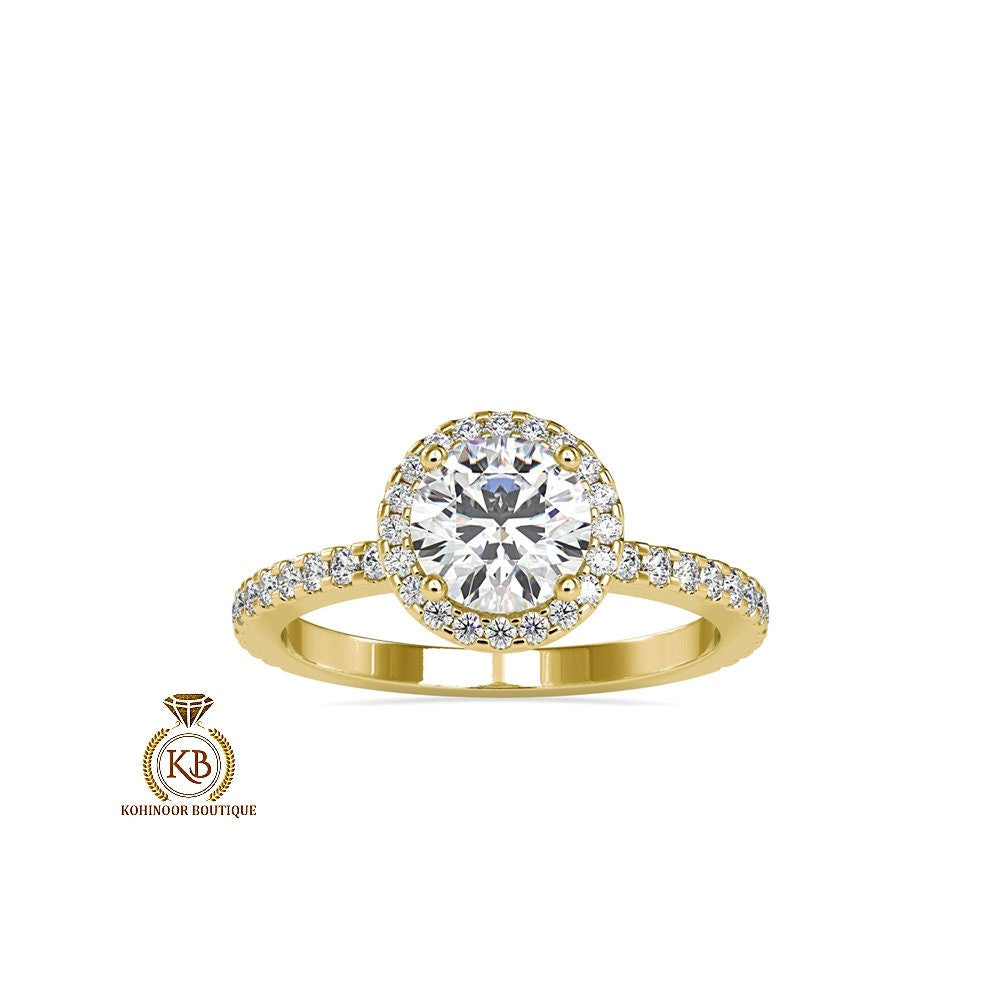 Round Cut Moissanite Double Halo with Under Halo, side U cut pave band with pave basket Engagement ring.