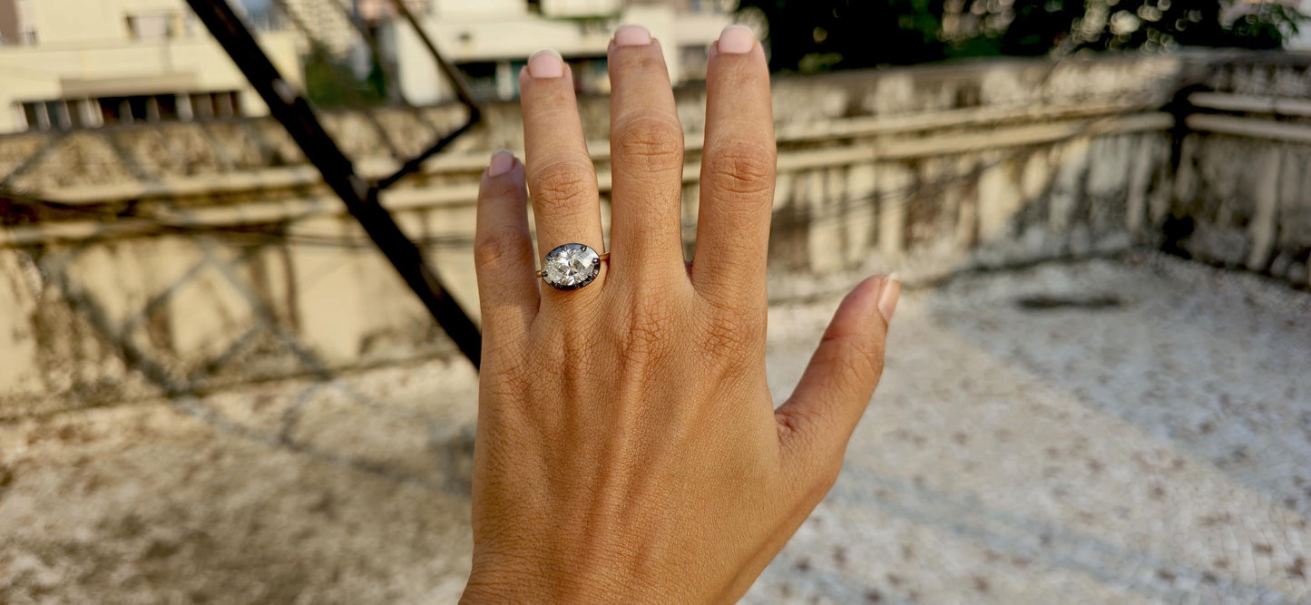 East west set Old mine cut Oval Moissanite Button Back Georgian Cut Down Set ring, blackened gold ring ring for women, Ring for her.