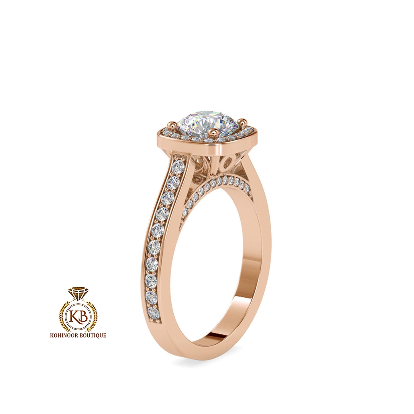 Cathedral set Round Cut Halo with Floral basket and side pave Moissanite Solitaire Engagement ring, Right-hand Ring, Gift for wife, mother.