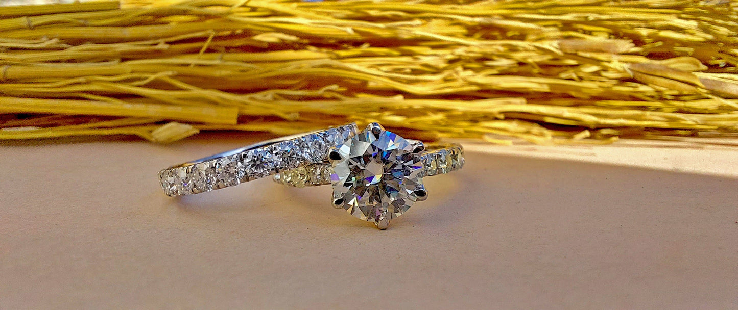 Tulip Lotus Prong French Pave Band Round Moissanite Bridal Set, flower basket , Petal Prongs, Promise\proposal Ring.
