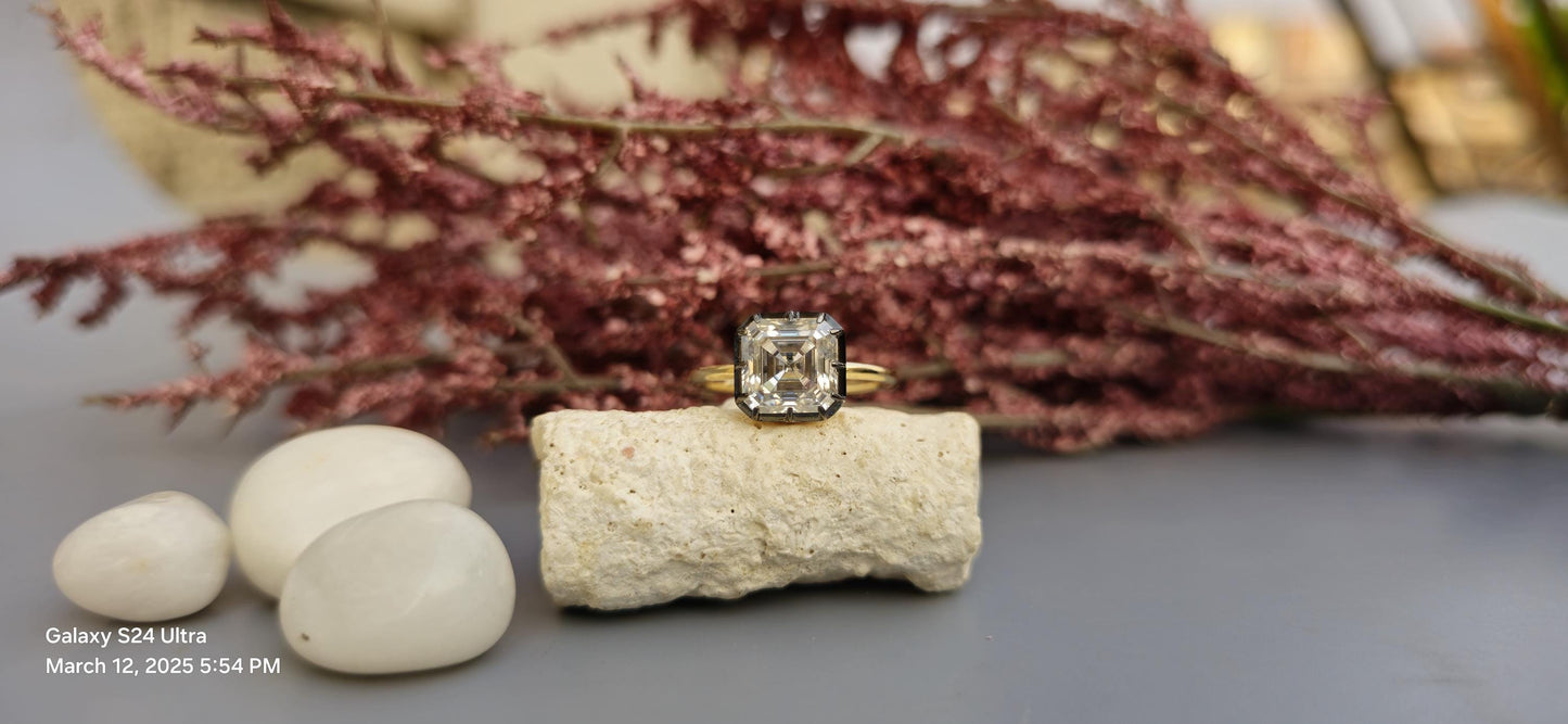 Asscher cut moissanite Button Back Georgian Cut Down Set blackened gold Solitaire Engagement ring, Ring for women, ring for her