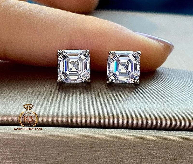 Asscher Cut Solitaire Moissanite Stud Earrings,Moissanite Wedding Earrings,Push Back Earrings,Anniversary Mother's Day Gift