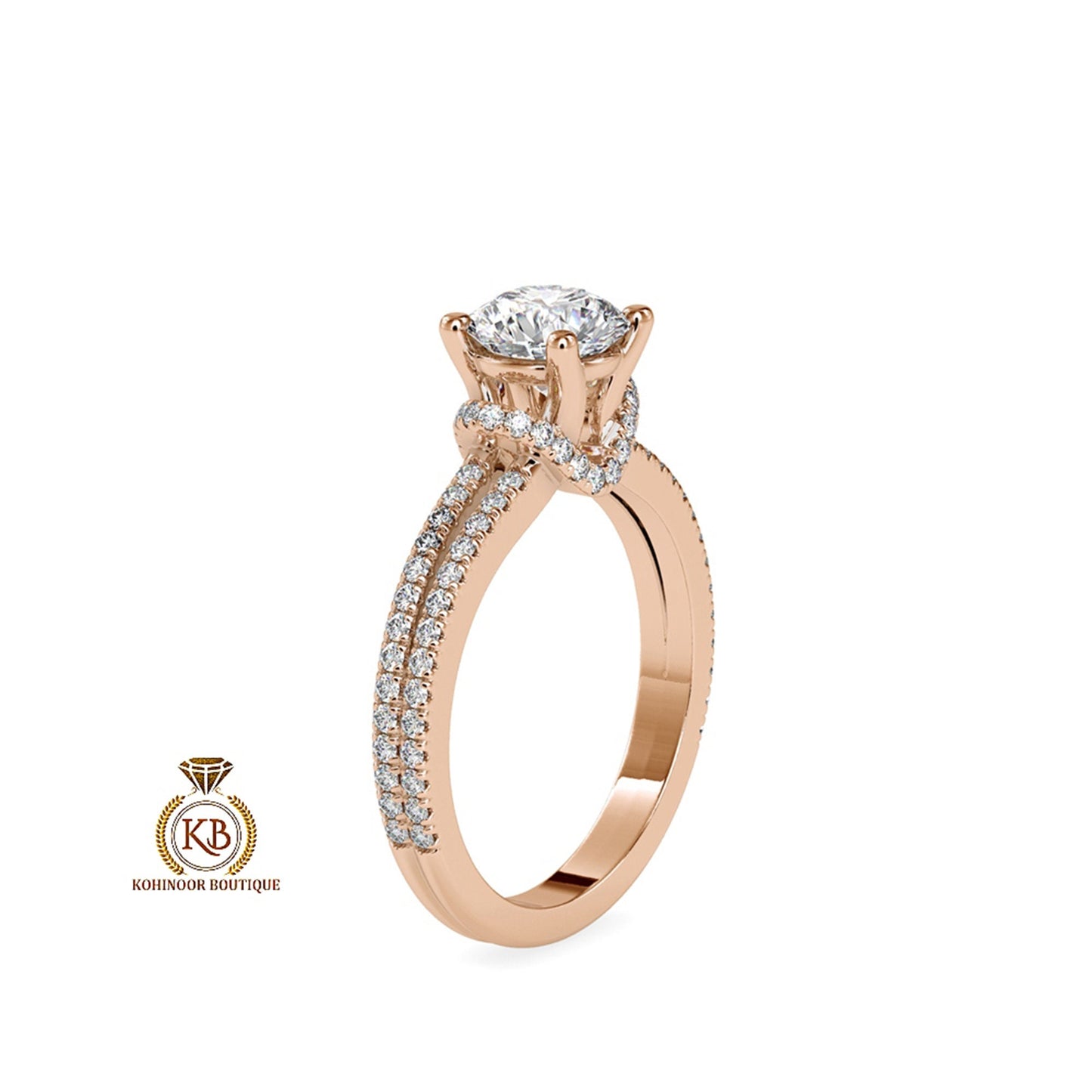 Round Solitaire with side U cut double pave with collar , plunge halo Moissanite Engagement ring, rings for women, ring for her.