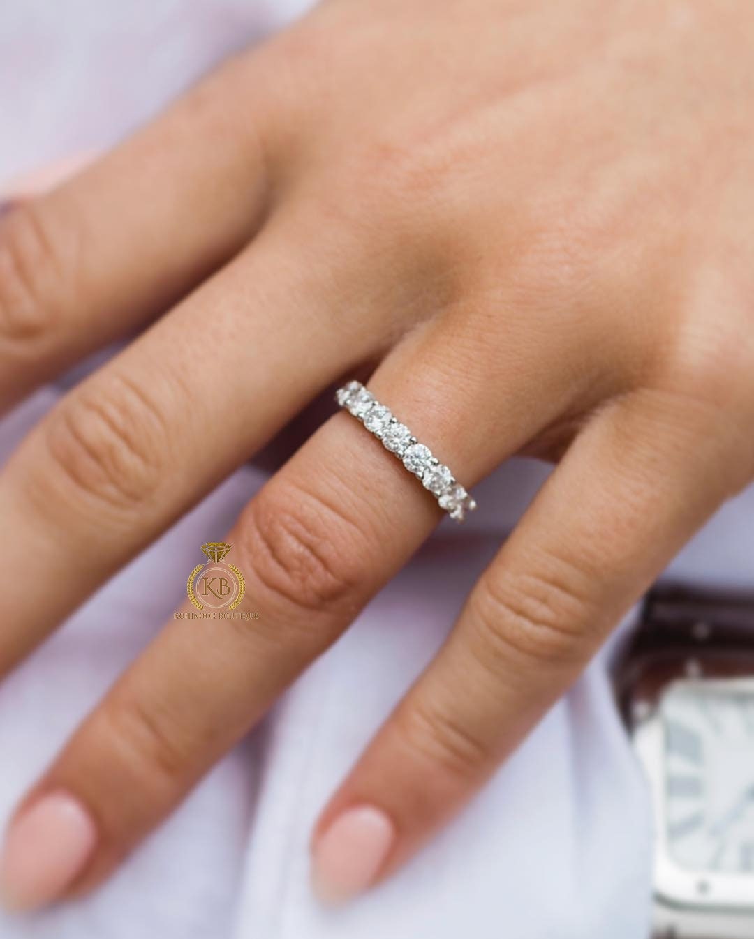 Round moissanite classic wedding band, rings for women, half full eternity ring, gift for women, stackable band.