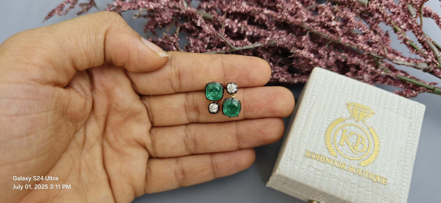 Georgian cut down button back set cushion Moissanite and lab grown Emerald Cushion earrings, Asymmetrical earrings
