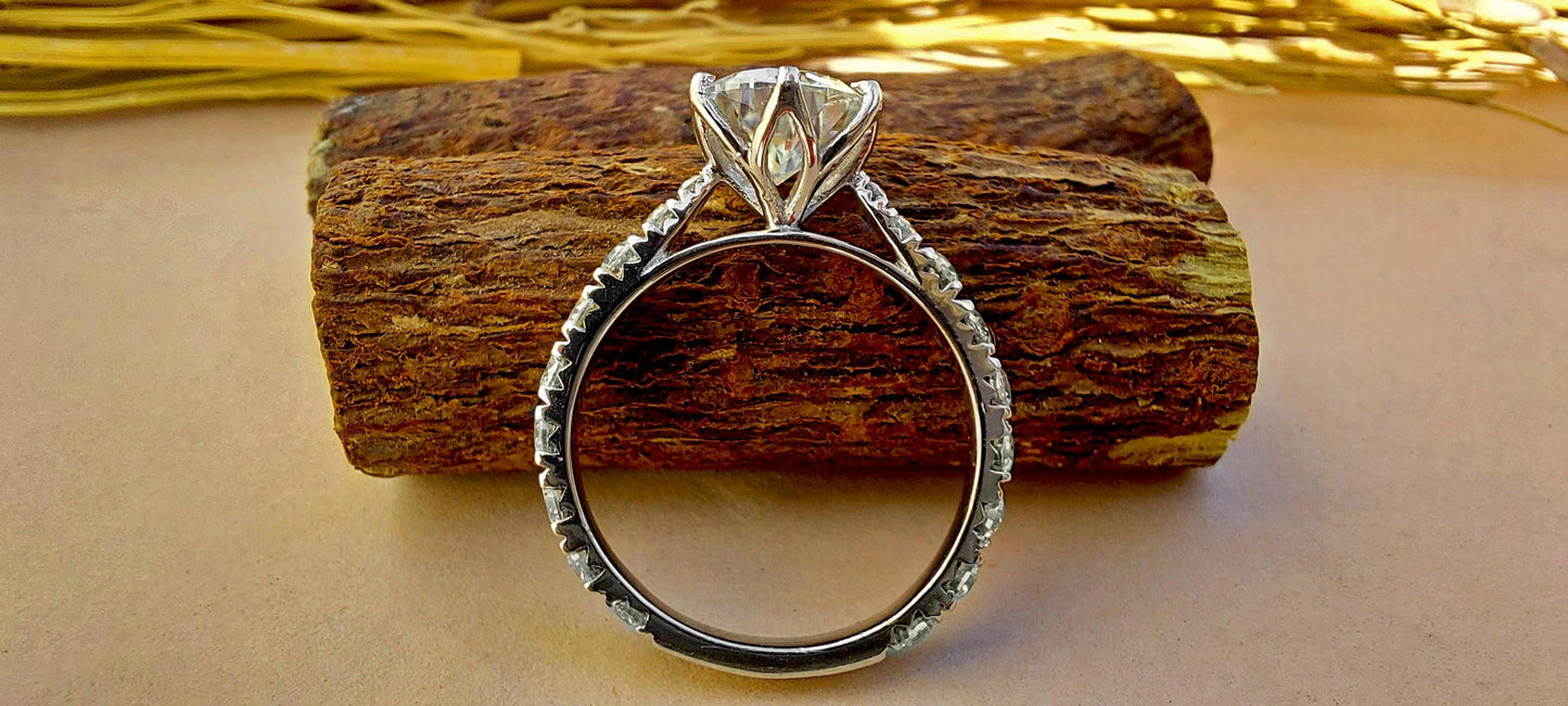 Tulip Lotus Prong French Pave Band Round Moissanite Solitaire Engagement Ring,flower basket  Promise\proposal Ring.